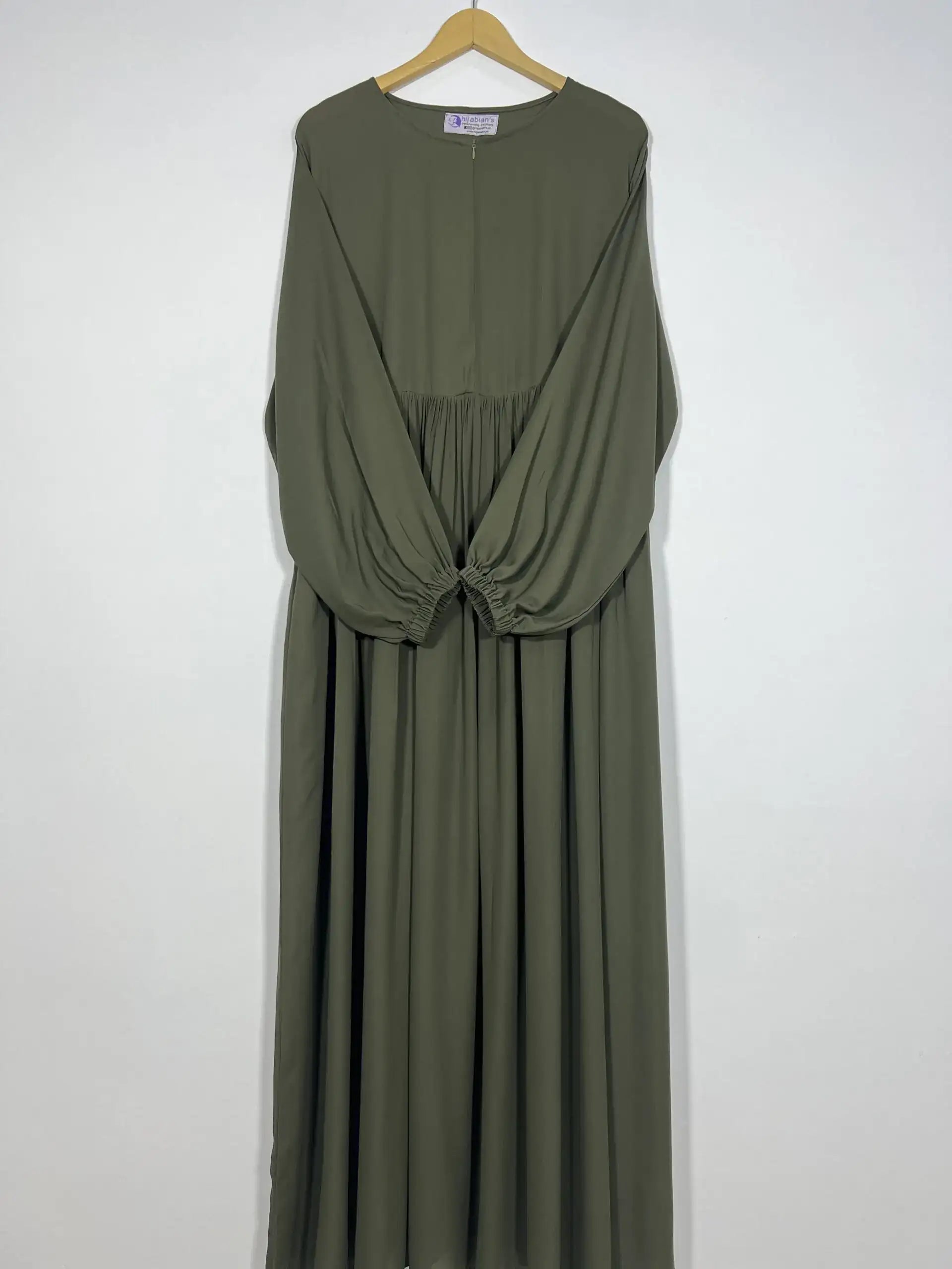 Olive Green Maxi Abaya with Zip & Elastic Sleeves HJ-128