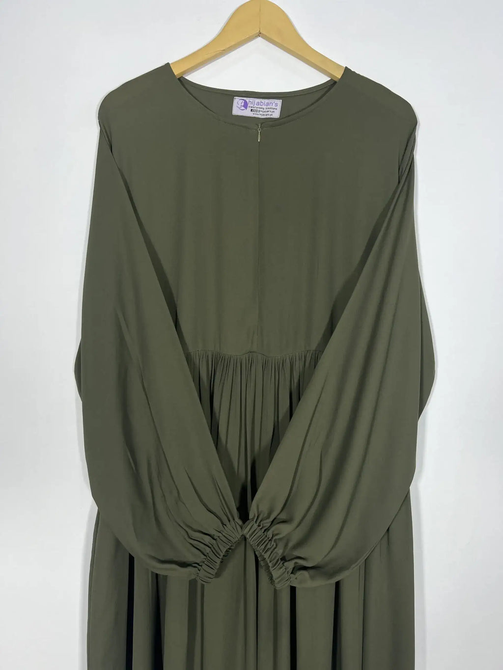 Olive Green Maxi Abaya with Zip & Elastic Sleeves HJ-128
