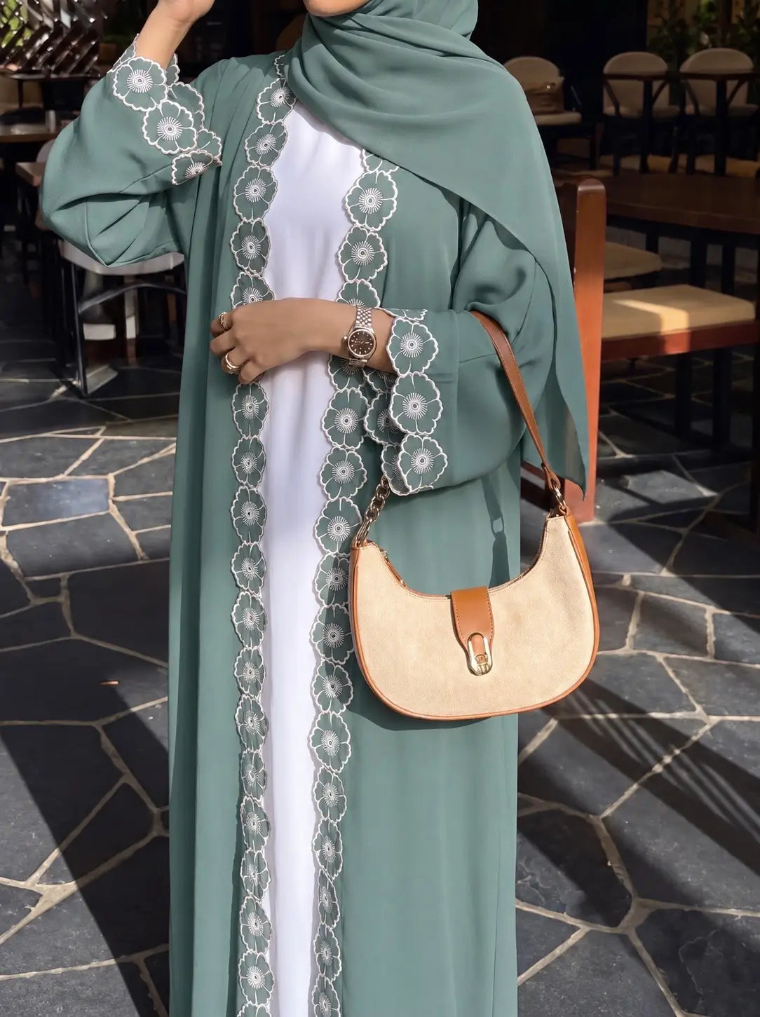 Sage Green - Fleur Embroidered Abaya HJ1716 Main image