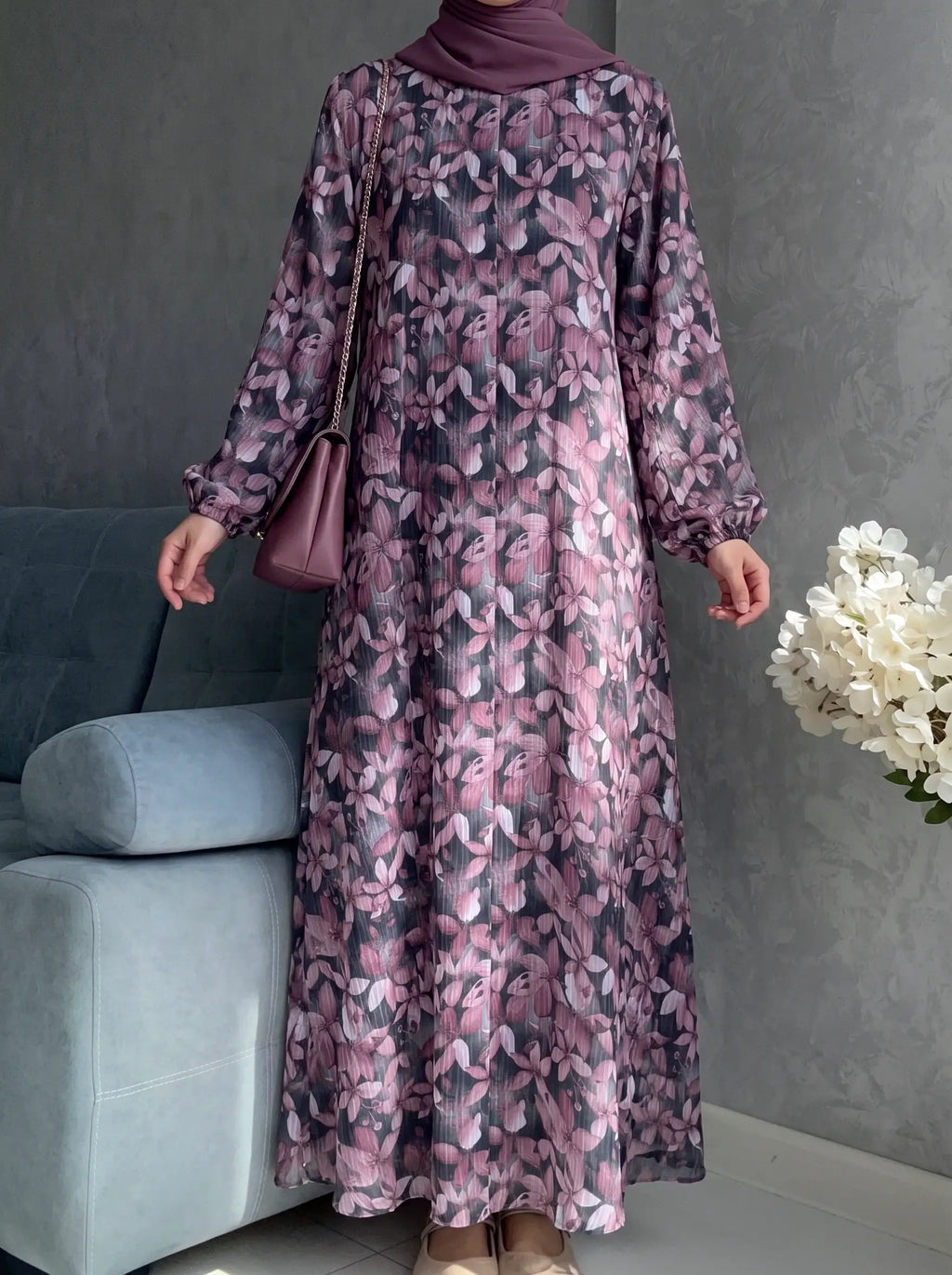 Mauve Black - Arabic Lawn Abaya HJ1692