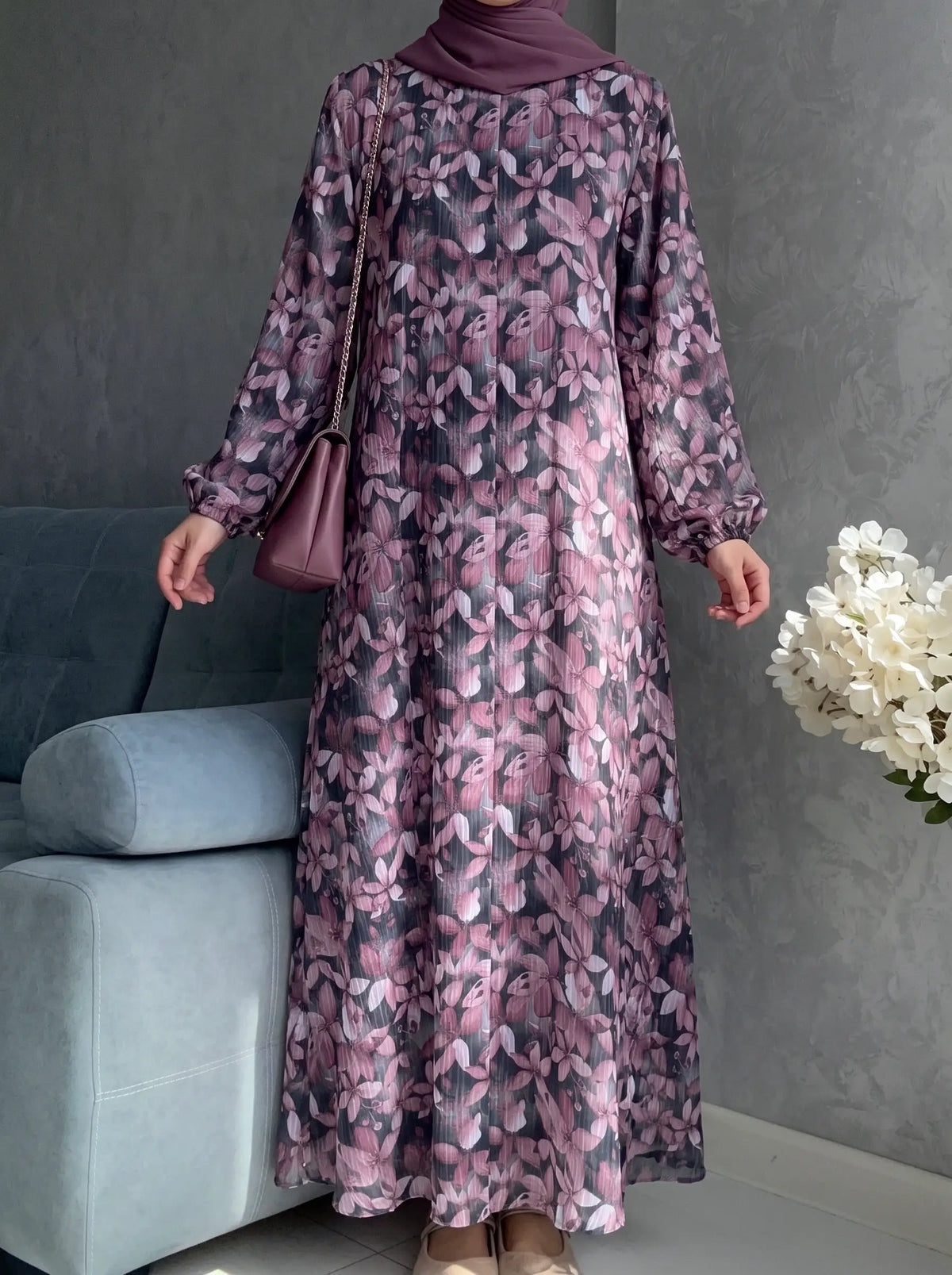Mauve Black - Arabic Lawn Abaya HJ1692 Main image