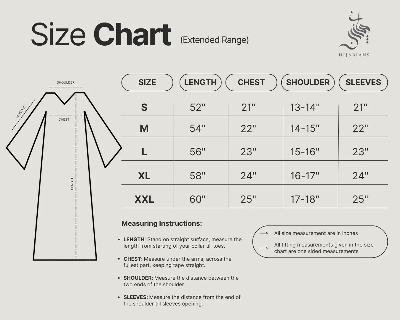 Blue - Butterfly Style Abaya HJ0605 Size Chart