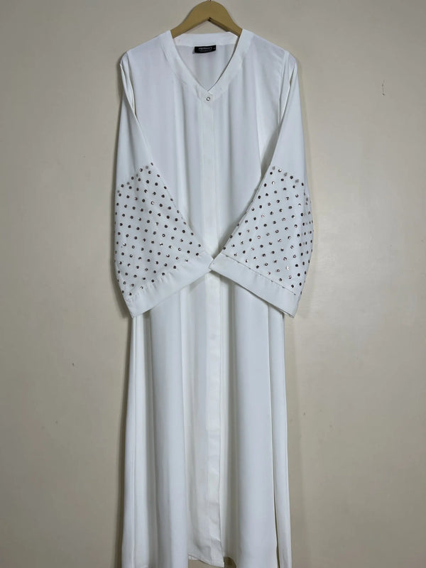 White - Delicate Net Lace Design Abaya HJ1027