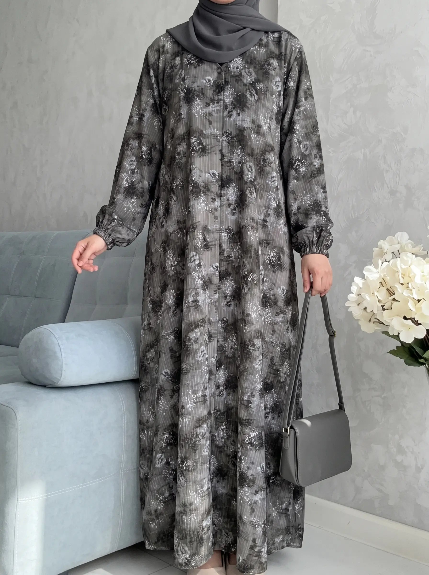 Charcoal Grey - Arabic Lawn Abaya HJ1619