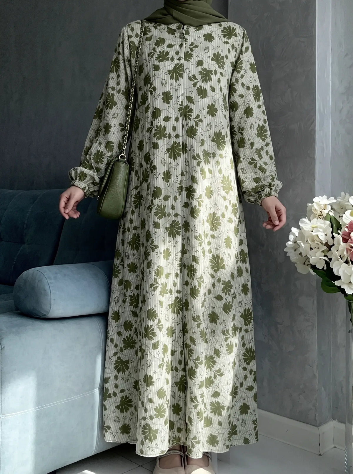 Olive Green - Arabic Lawn Abaya HJ1625
