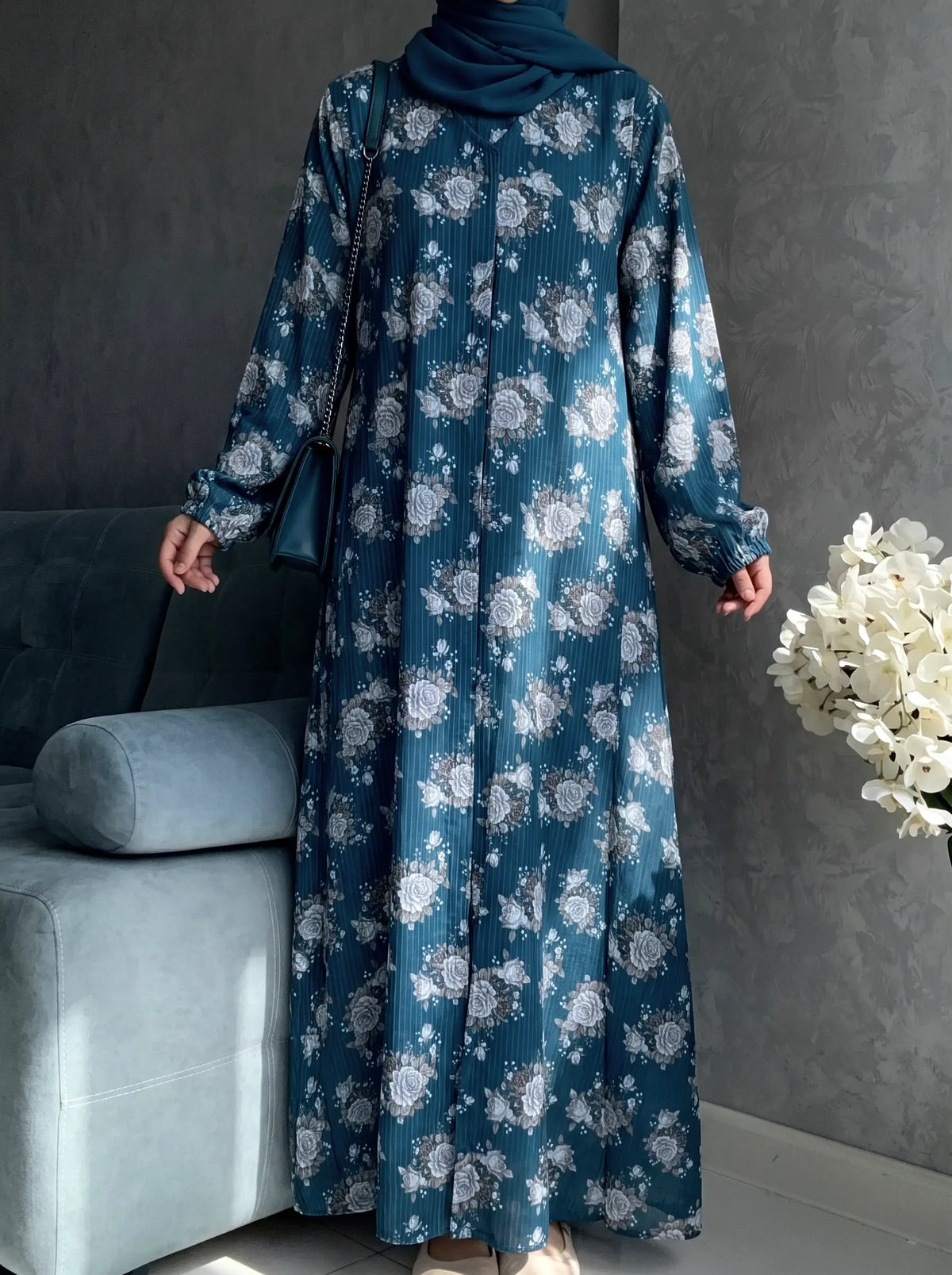 Teal Blue - Arabic Lawn Abaya HJ1685 Main image