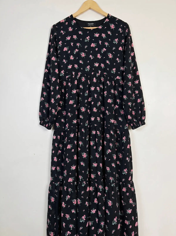 Black Floral Frill Maxi -  Rosé Garden HJ1648