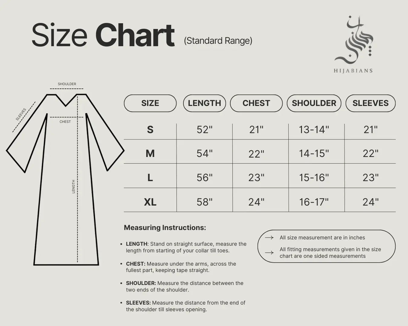 Navy Blue - Signature Bowline Abaya HJ1587 Size Chart