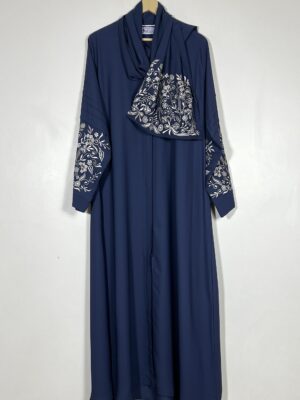 Embroidery Front Open Abaya - Blue HJ0532 - Image 1