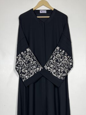 Embroidery Front Open Abaya - Black HJ0534 - Image 2