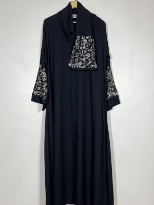 Embroidery Front Open Abaya - Black HJ0534 - Image 1