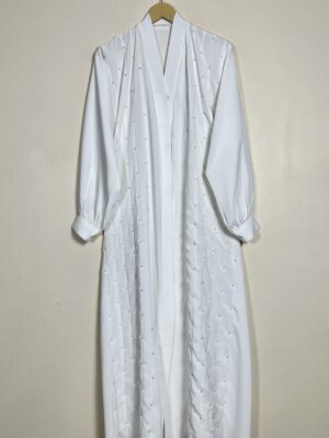 White - Front Open Pearls Abaya HJ0625 - Image 1