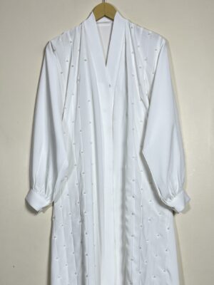 White - Front Open Pearls Abaya HJ0625 - Image 2