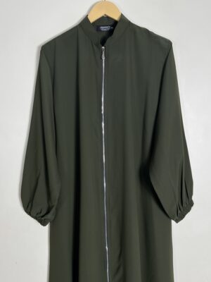 Olive Green - Collar Style Silver Zip Abaya HJ1049 - Image 2